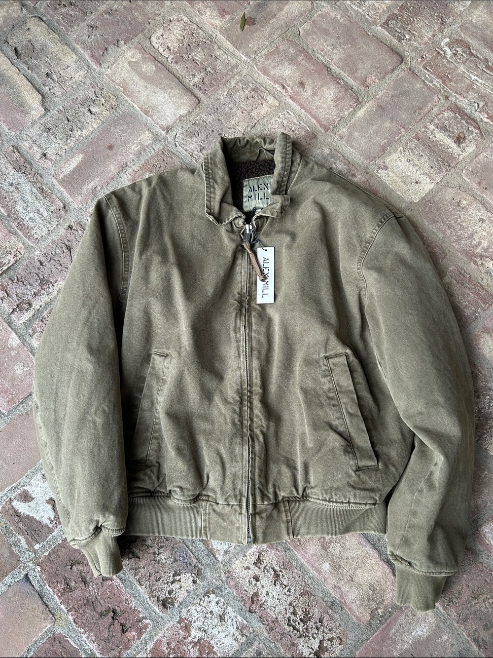 Alex Mill Olive Green Canvas Bomber Flight Jacket Faded Olive Fleece Lined NWT